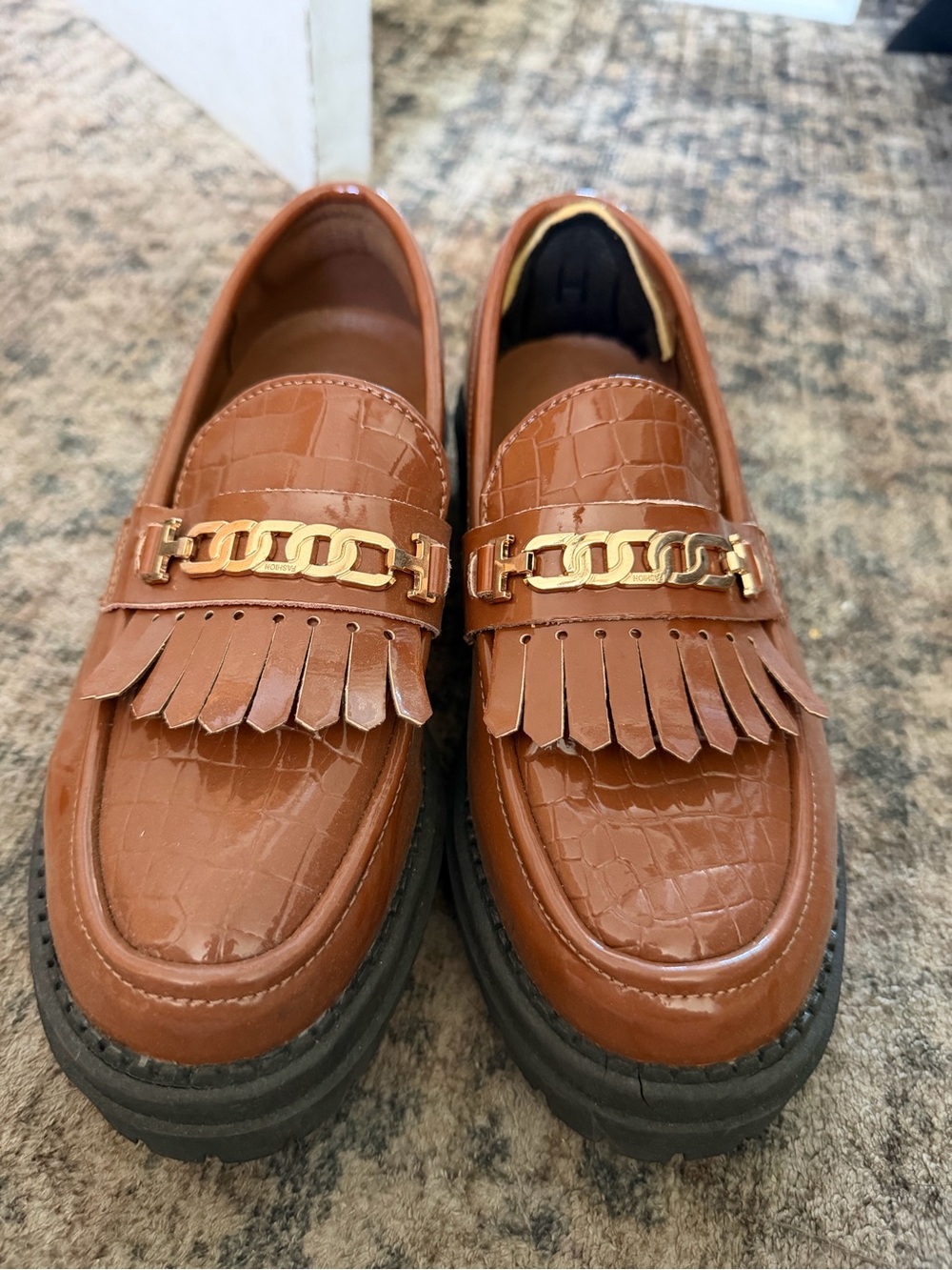 Women's Brown Croc-Embossed Fringe Loafers with Gold Chain Detail
